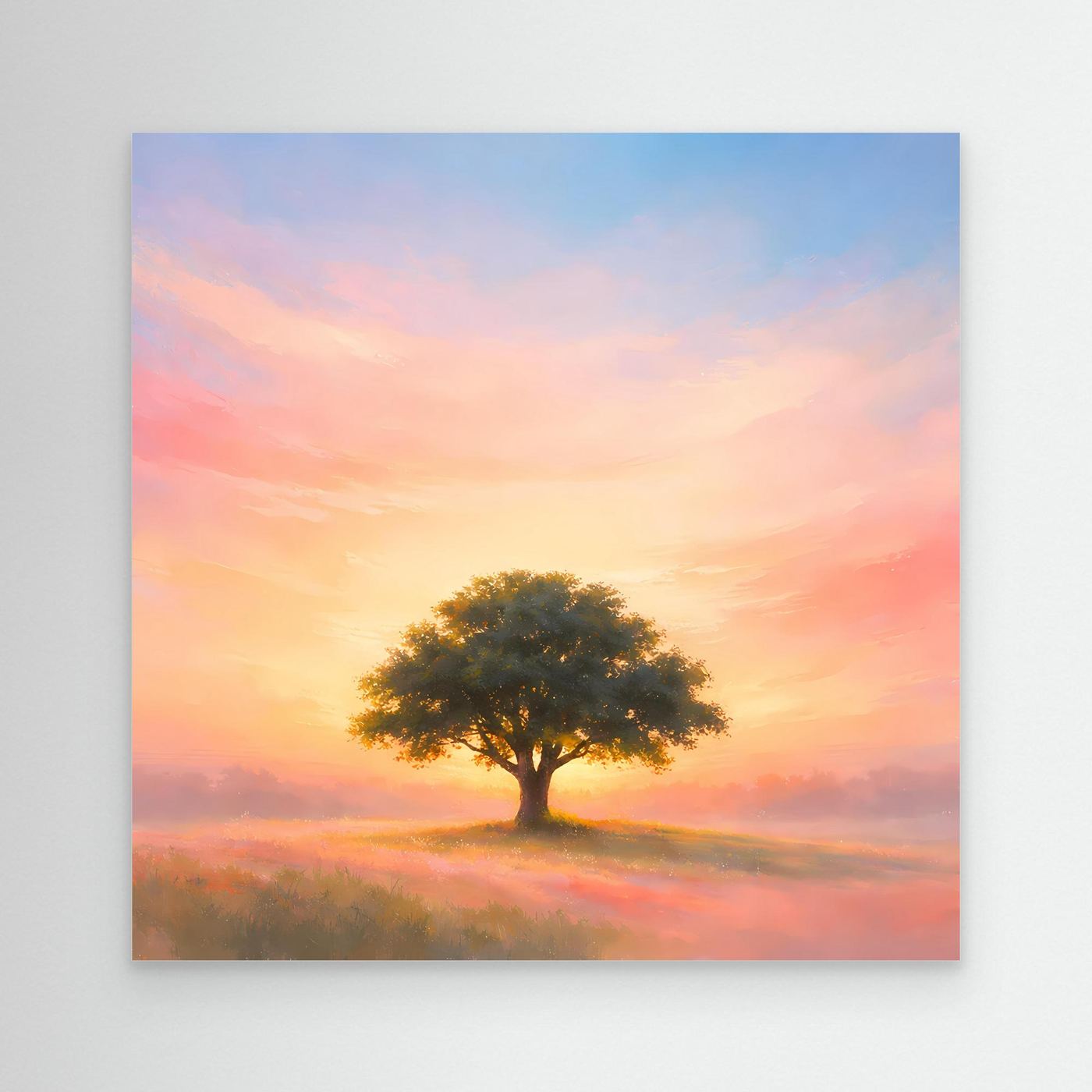 Leinwand-Wandbild mit einsamem Baum in Pastellfarben beim Sonnenaufgang