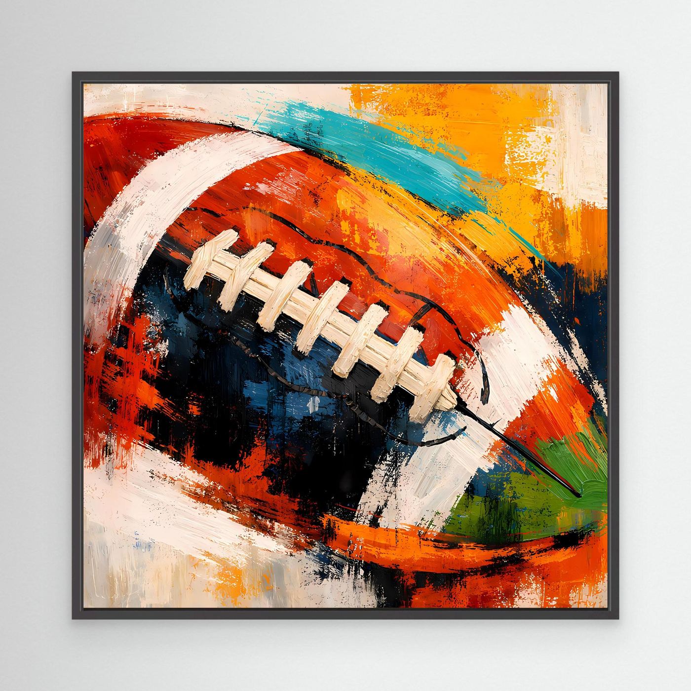 Leinwandbild mit abstraktem American-Football-Motiv, schwarzer Rahmen