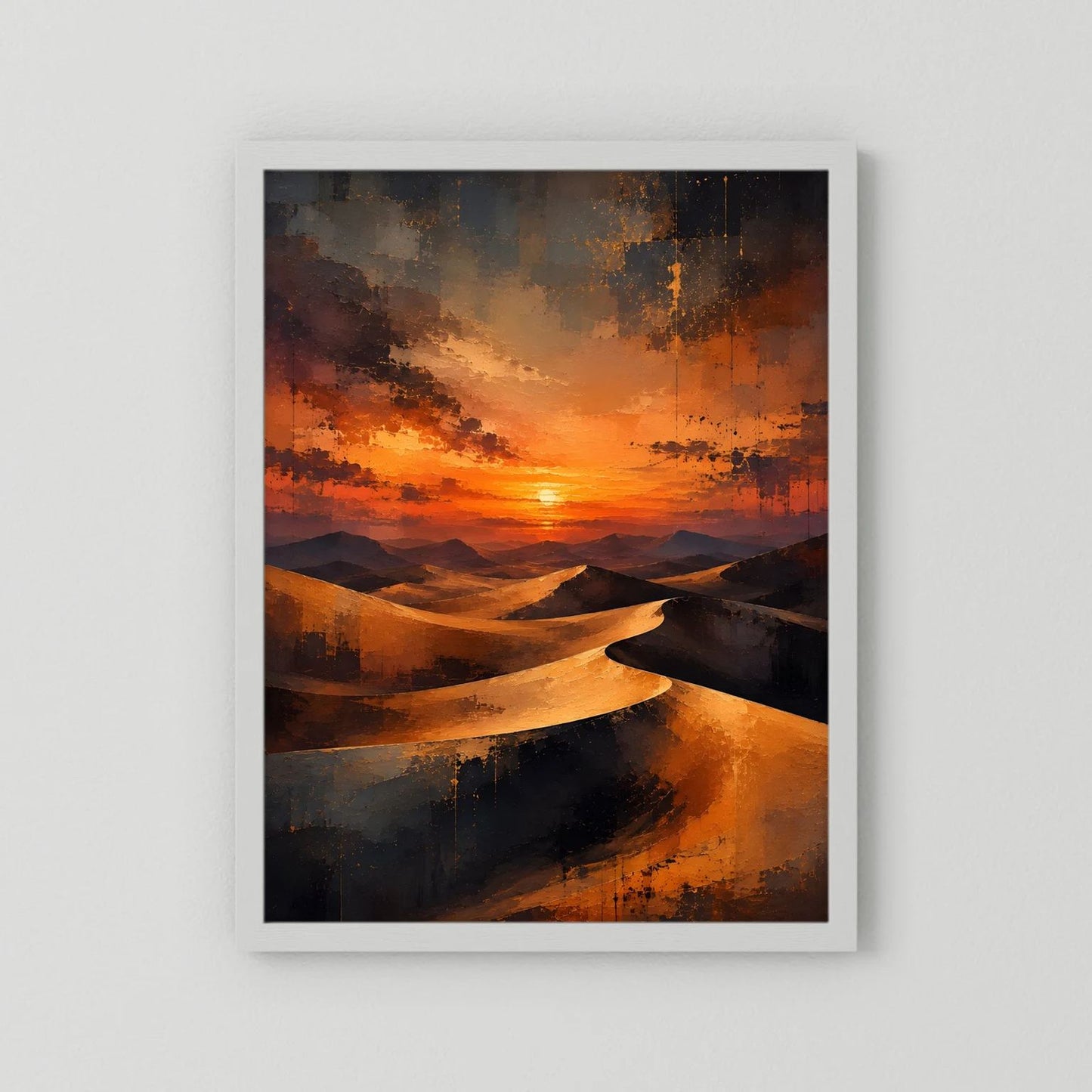 Wandposter mit abstrakten Sanddünen im Sonnenuntergang, weißes Passepartout