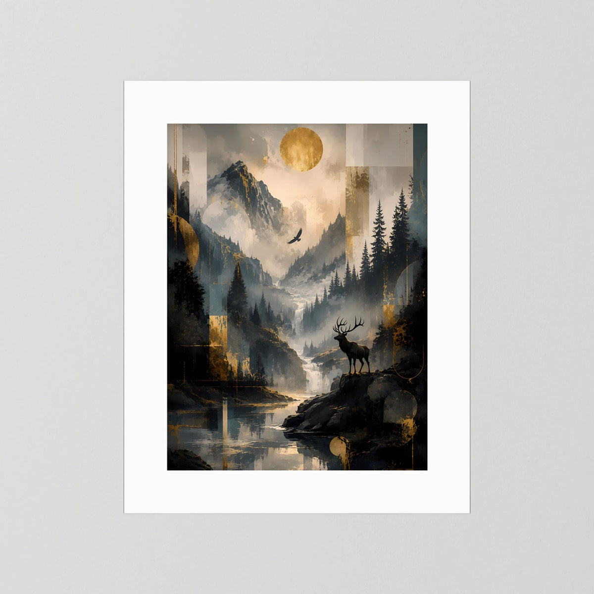 Hochformatiges Poster mit Hirsch auf Felsinsel, Mond über Bergwald, weißer Rand