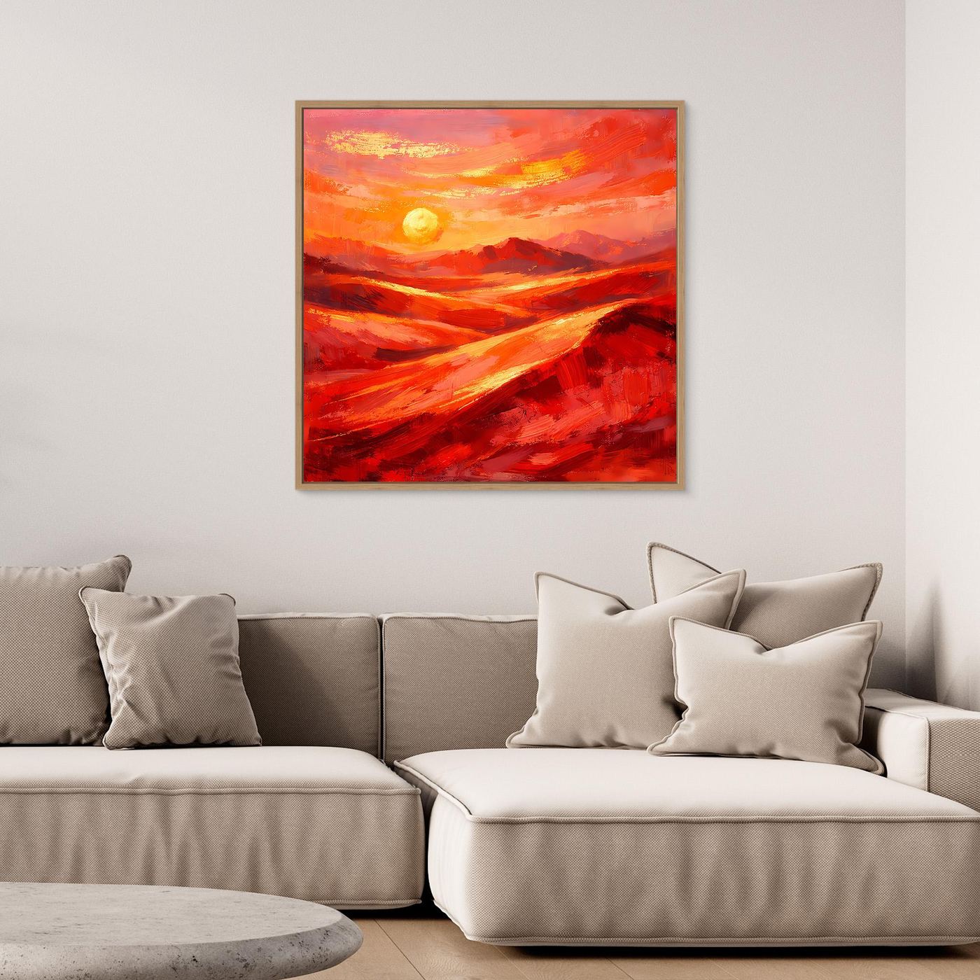 Abstraktes Leinwandbild mit Sonnenmotiv in Rot-Orange, mit dunklem Rahmen