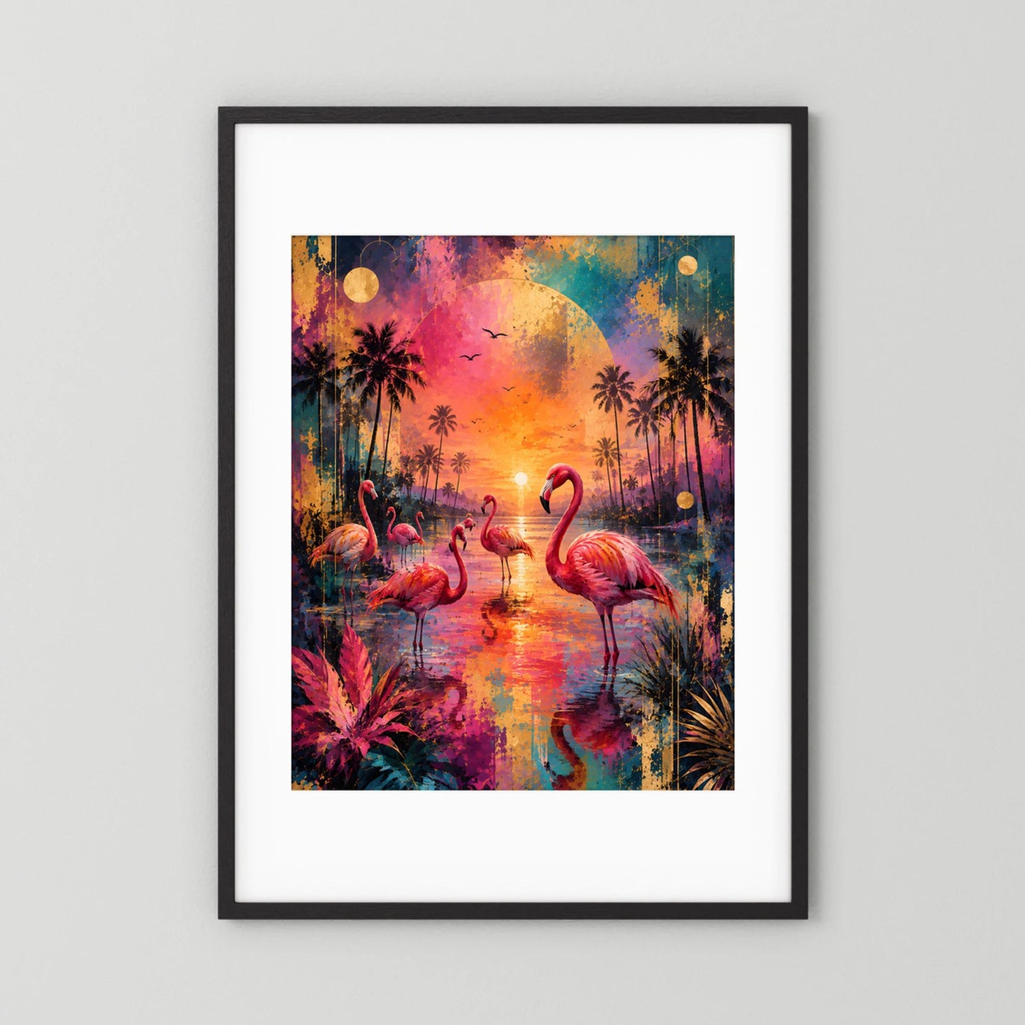 Gerahmtes Hochformat-Poster mit Flamingos im tropischen Sonnenuntergang, schwarzer Rahmen