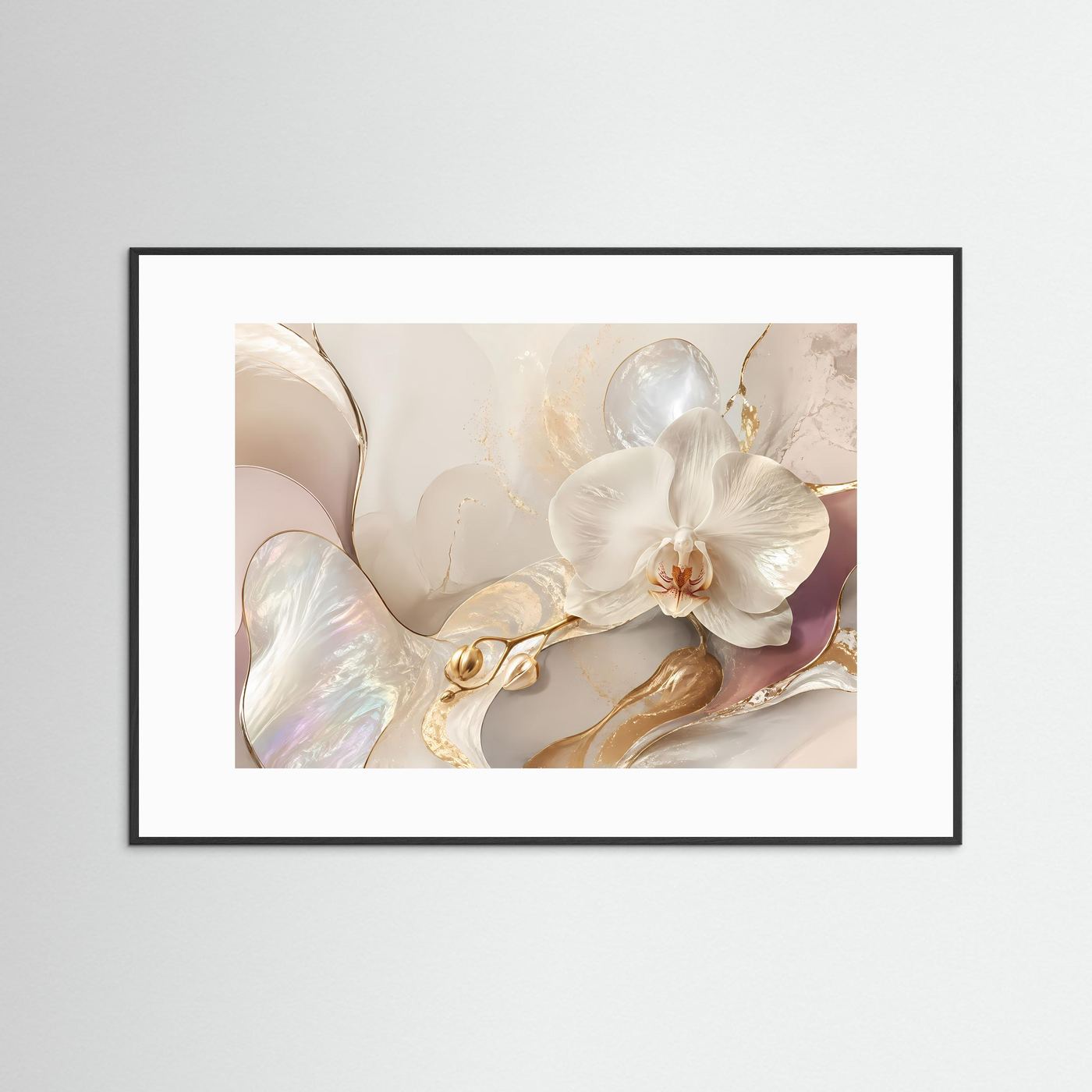 Orchideen-Poster im Querformat mit weißer Orchidee in schwarzem Rahmen mit Passepartout
