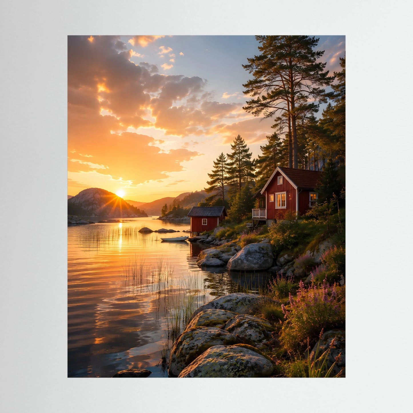 Hochformatiges Kunstposter mit Seeufer, roten Blockhütten und goldener Sonnenuntergangssonne