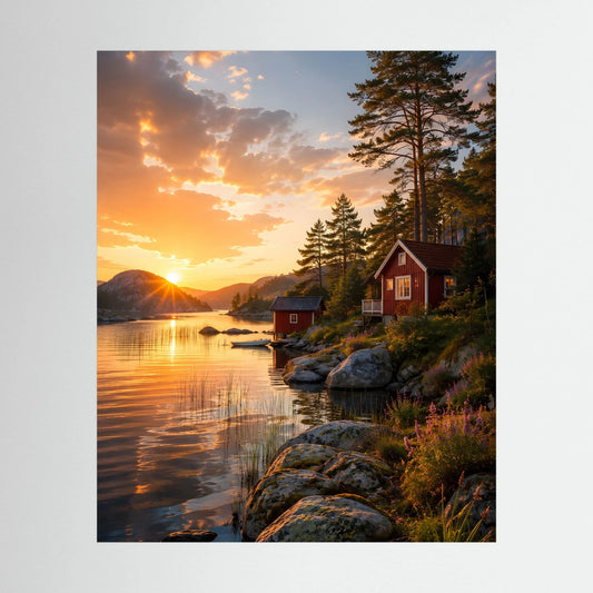Hochformatiges Kunstposter mit Seeufer, roten Blockhütten und goldener Sonnenuntergangssonne