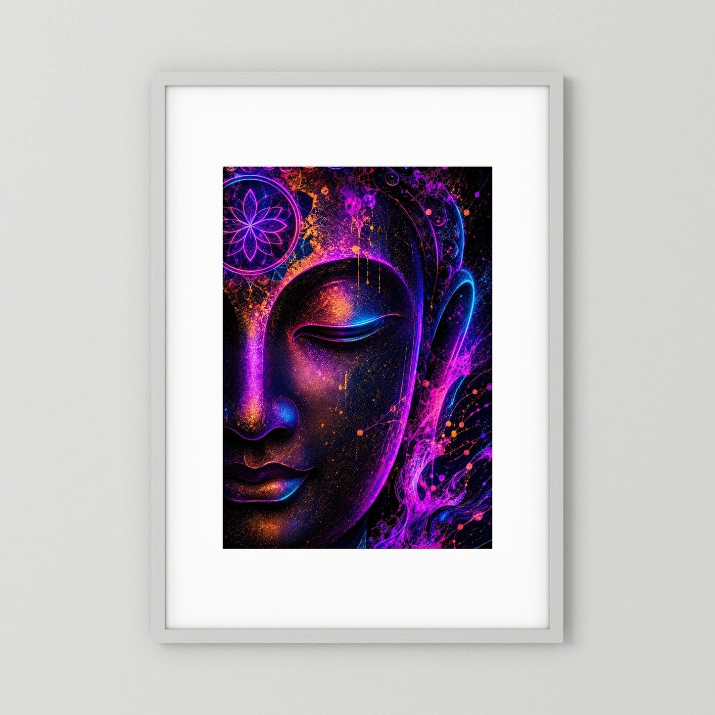 Neon-Buddha-Poster Hochformat: leuchtendes Gesicht in Lila, Pink und Blau