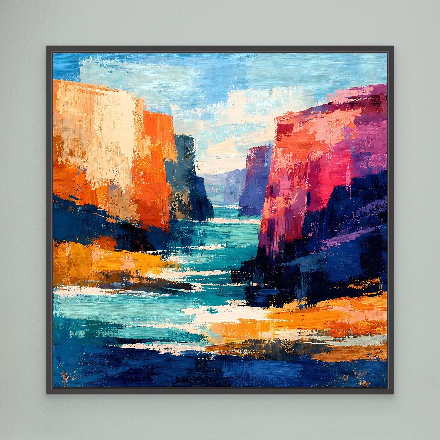 Wandbild mit abstrakten Canyon-Felsen am Fluss, blau-orange Farbflecken, schwarzer Rahmen