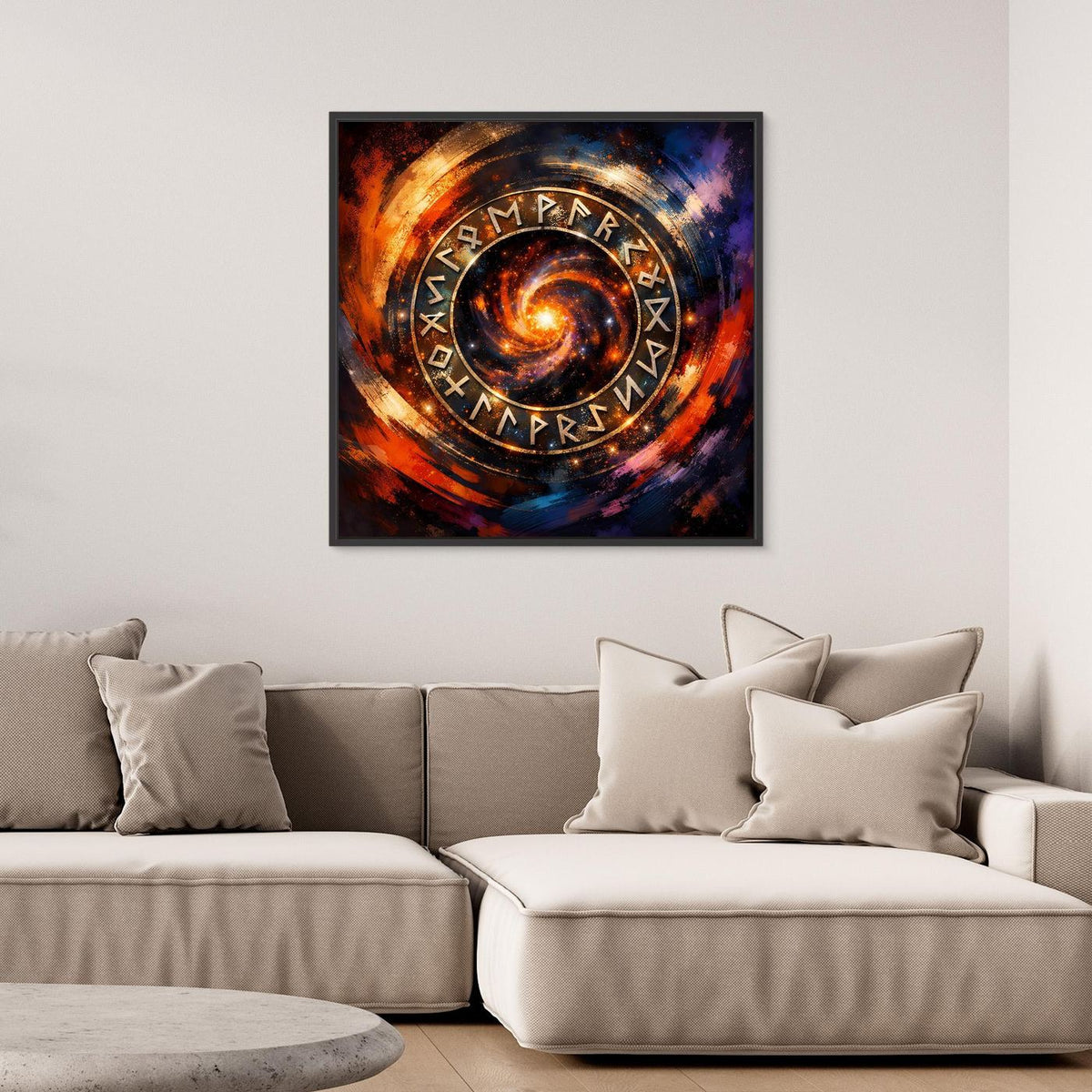 Gerahmtes Leinwandbild mit kosmischem Runenkreis, schwarzer Rahmen