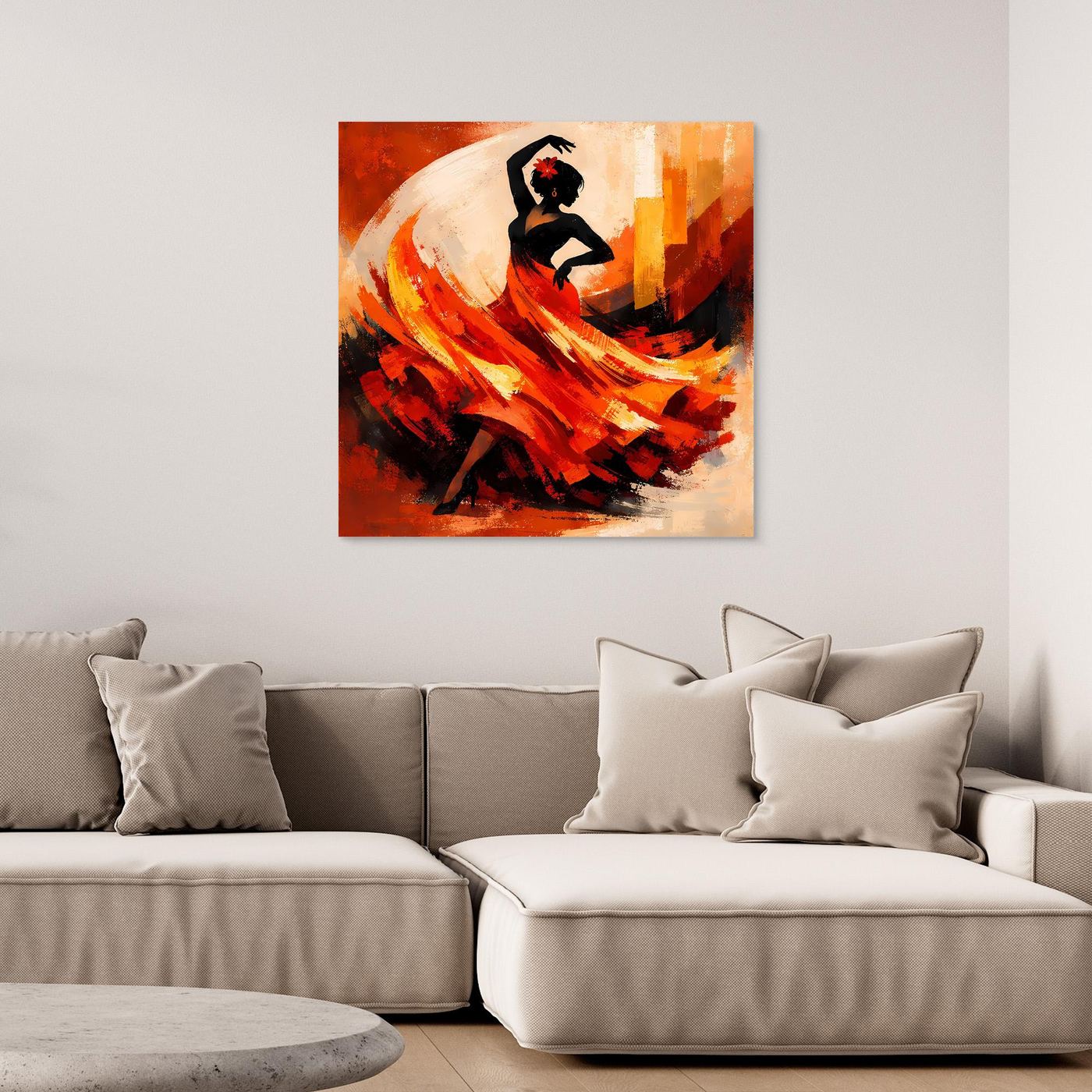 Leinwand-Wandbild mit Flamenco-Tänzerin in Schwarz, umgeben von Rot- und Orangetönen