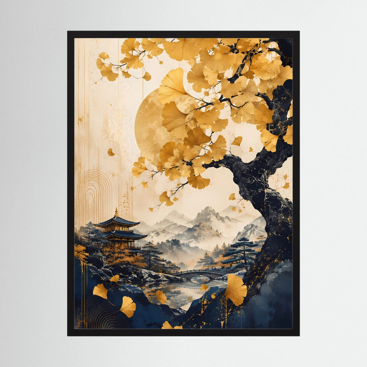 Hochformatiges Poster mit goldenem Ginkgobaum und Pagodenlandschaft, schwarzer Rahmen.