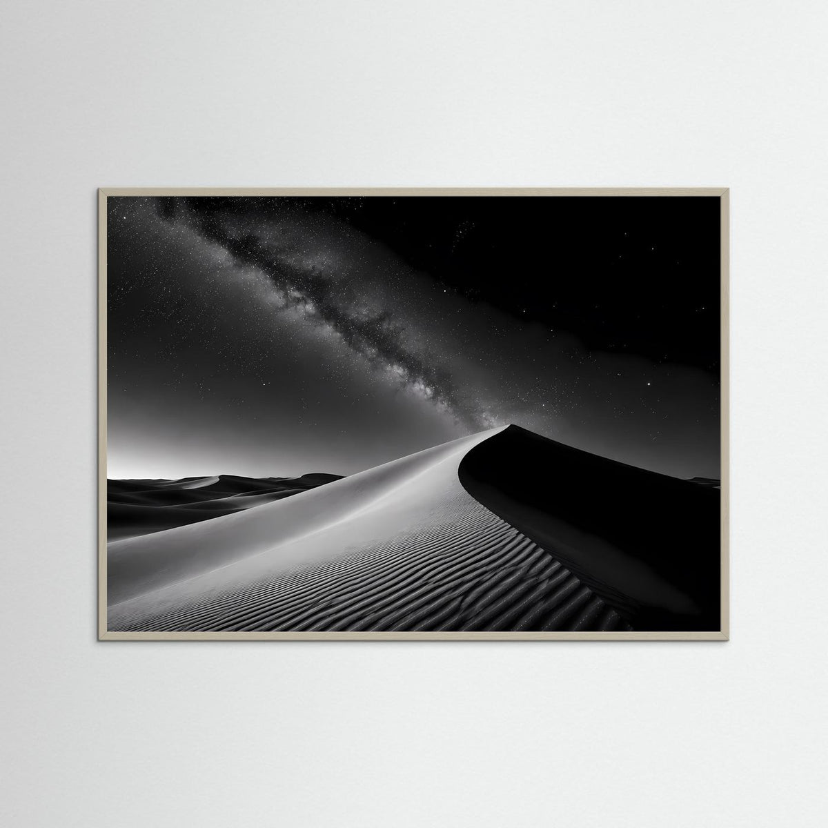 Wüstenposter im Querformat mit grauem Rahmen, Schwarzweißaufnahme der Dünen