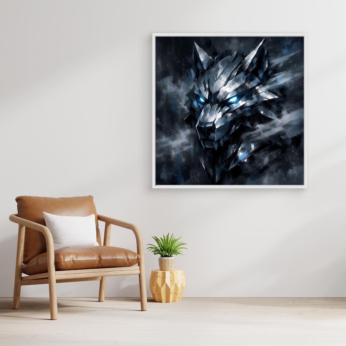 Leinwand-Wandbild: geometrischer Wolf in Blautönen, leuchtende Augen betont