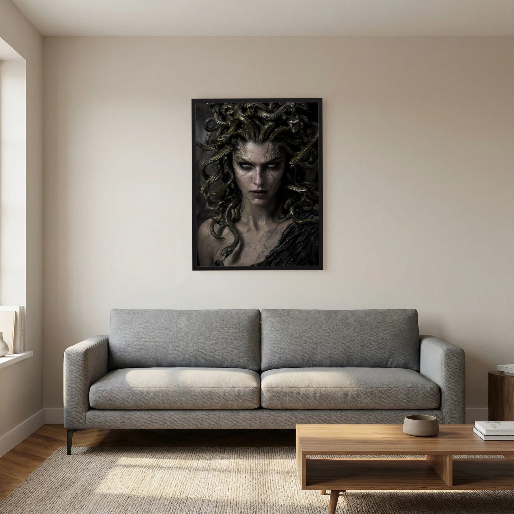 Gerahmtes Medusa-Poster mit dunklem Frauenportrait und Schlangenhaaren