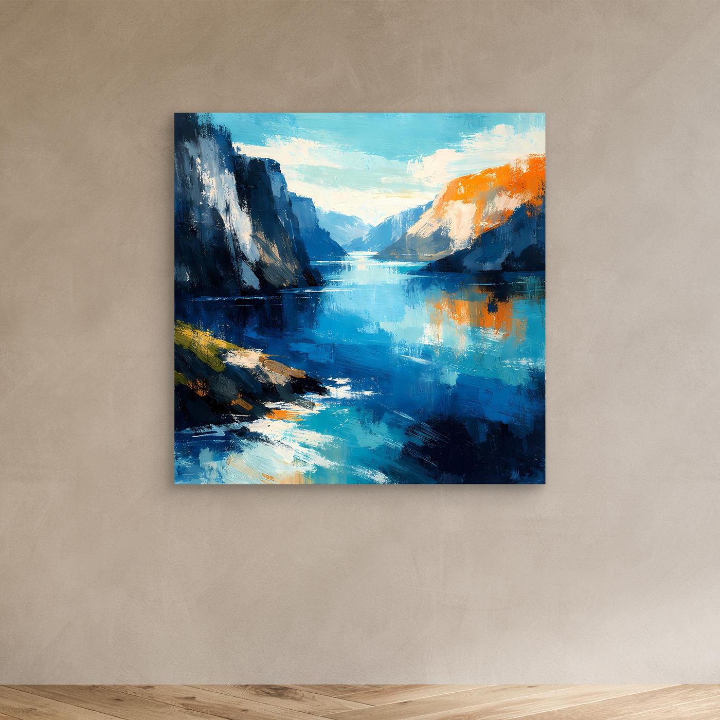 Leinwand Abstraktes Fjord Gemälde | Modernes Norwegisches Wandbild Blau Orange