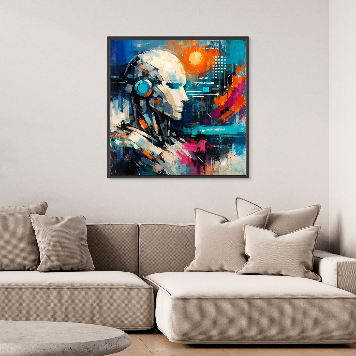 Abstract cybernetic mind wall art print with robot face, blue and orange, dark frame