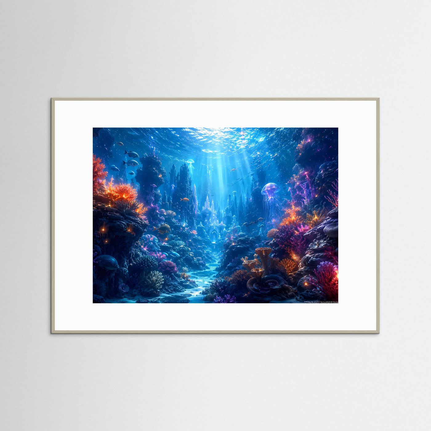 Magische Unterwasserwelt im Korallenriff | Modernes Ozean & Meeresleuchten Poster im Querformat