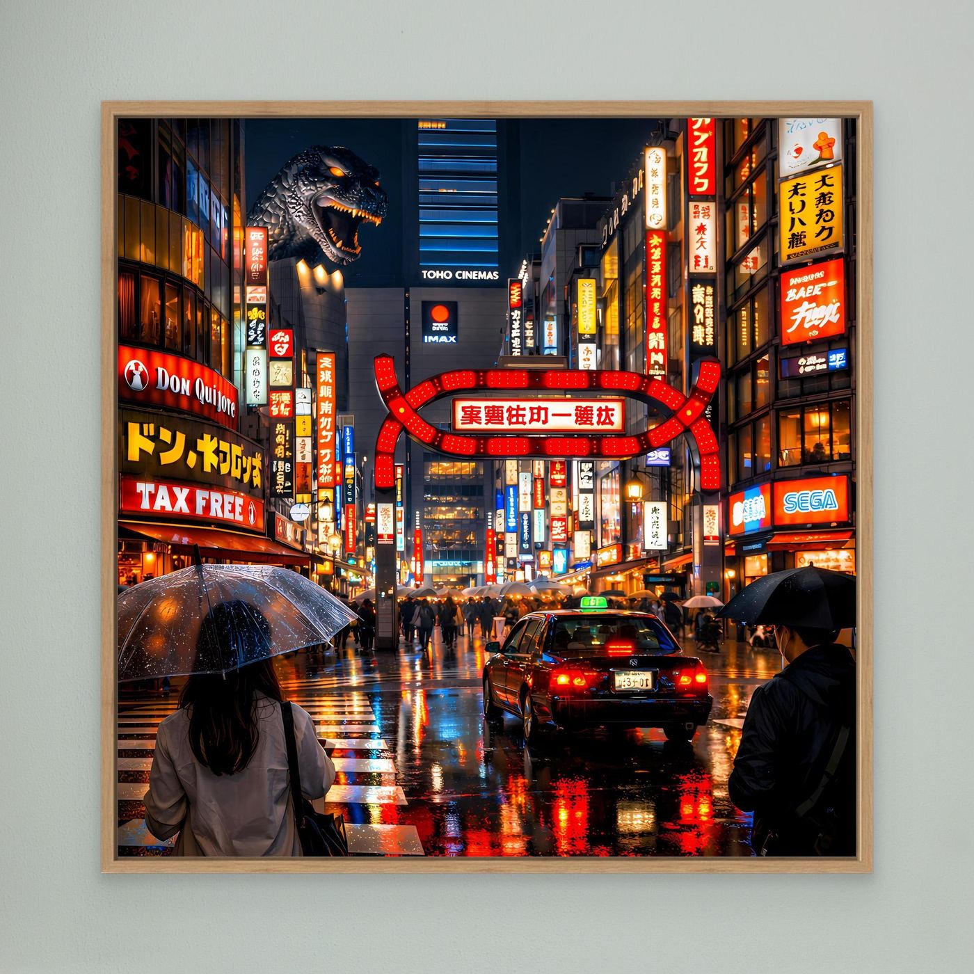 Leinwand Pulsierendes Tokio bei Nacht | Urbanes Kabukicho Kaiju Wandbild