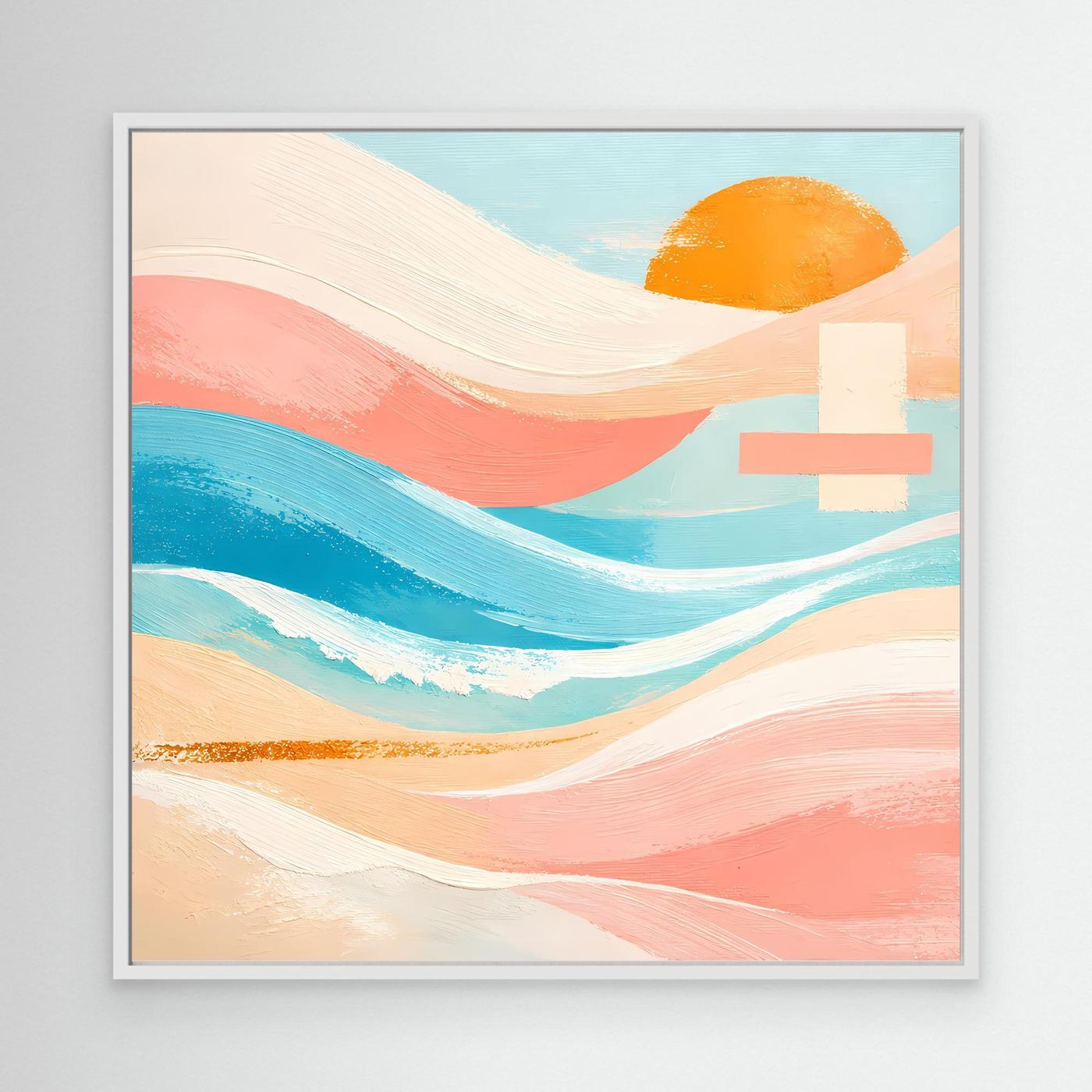 Abstraktes Leinwandbild mit Meer- und Sonnenmotiv im weißen Rahmen, Pastellfarben