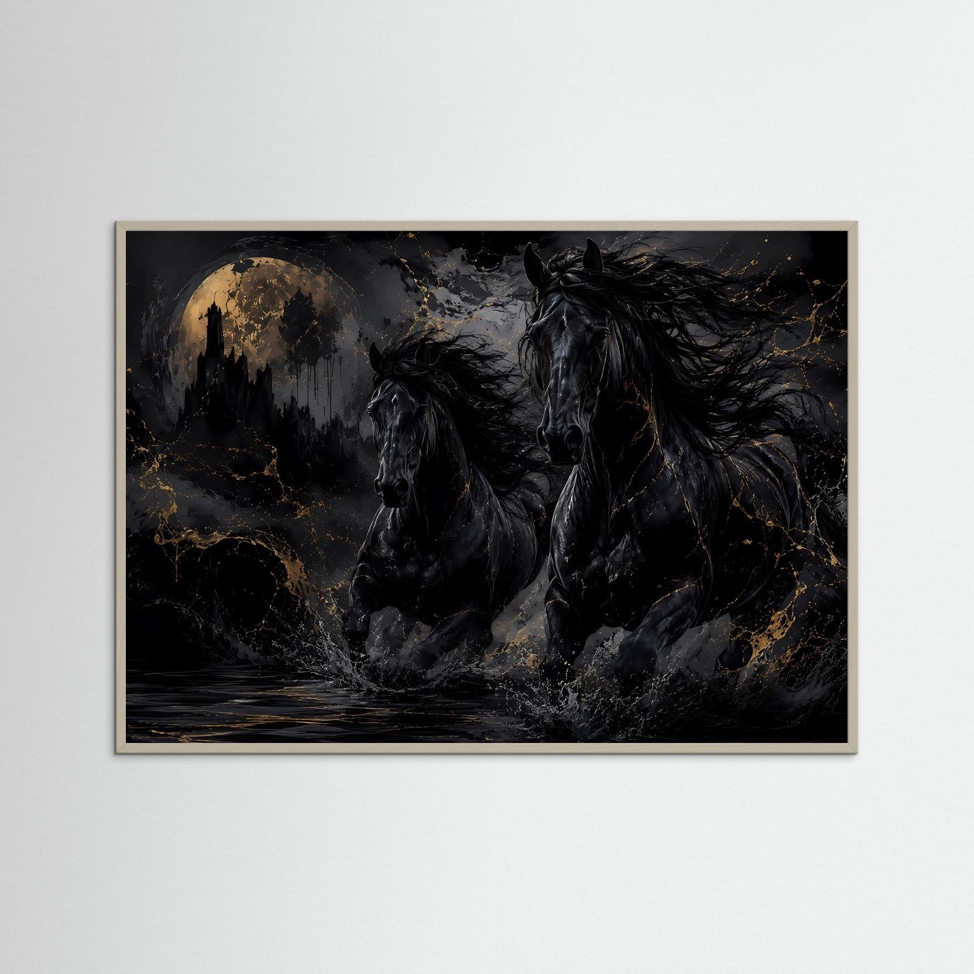 Schwarze Pferde Poster | Mystische Pferde Wandkunst mit Vollmond | Dunkle Fantasy Pferde | Eleganter Gothic Kunstdruck
