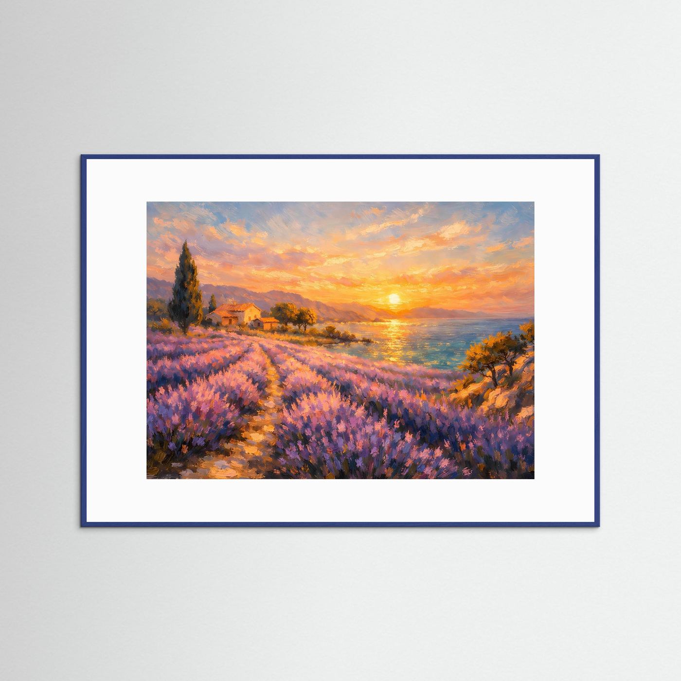 Malerisches Lavendelfeld am Meer bei Sonnenuntergang | Provence Landschaft Wandbild & Kunst Poster Querformat