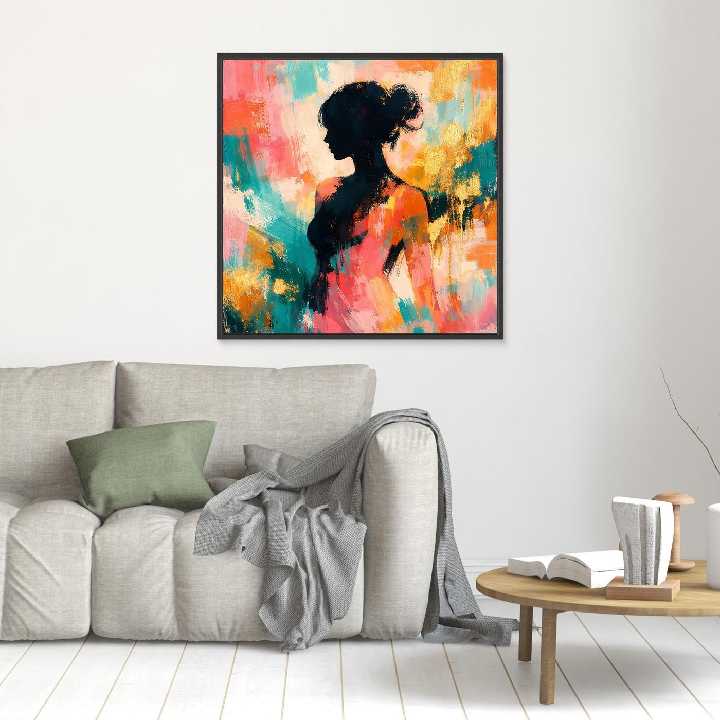 Leinwandbild mit abstrakter Frauen-Silhouette und bunten Pinselstrichen im Pastell