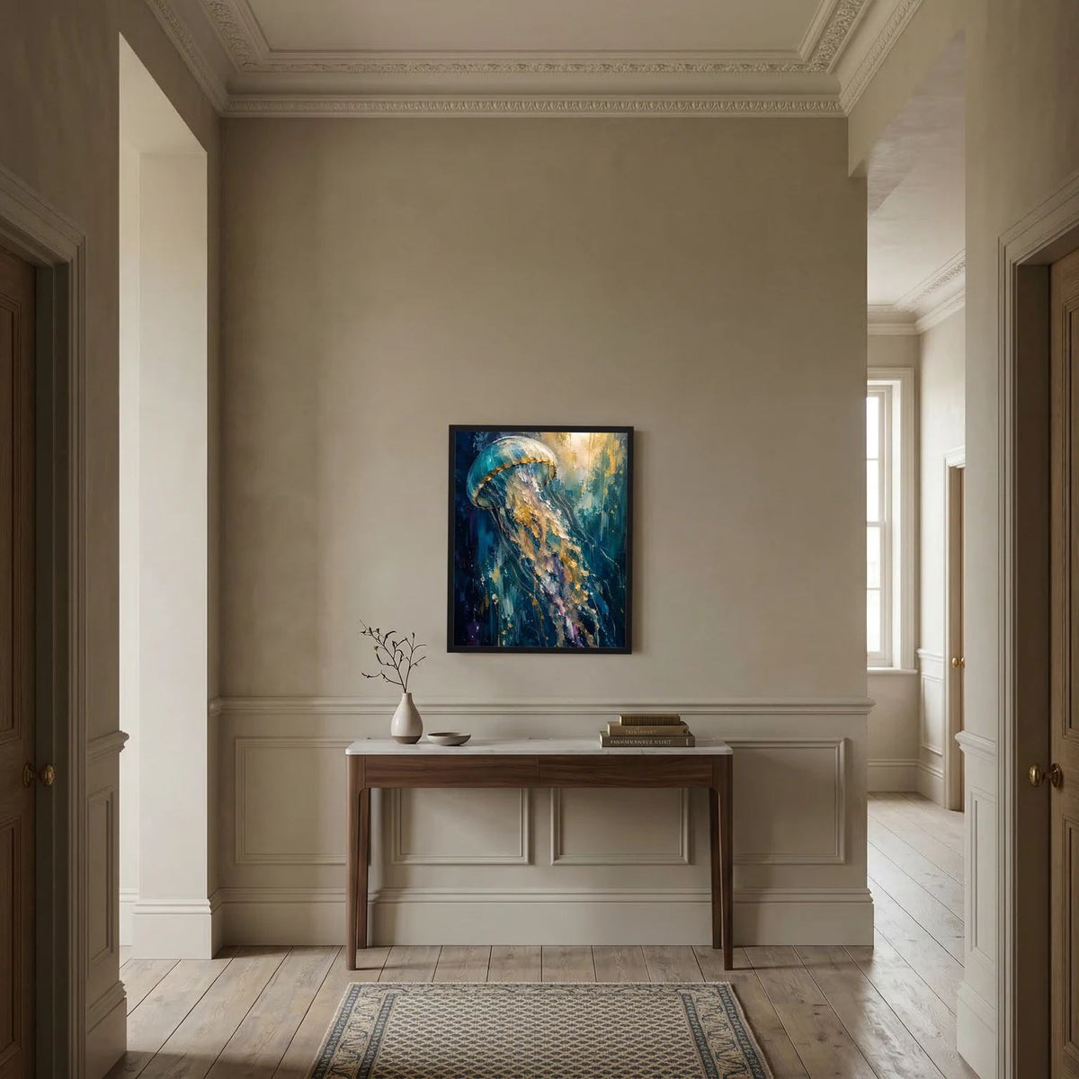 Gerahmtes Poster mit abstrakter Qualle in Blau und Gold an Sideboard