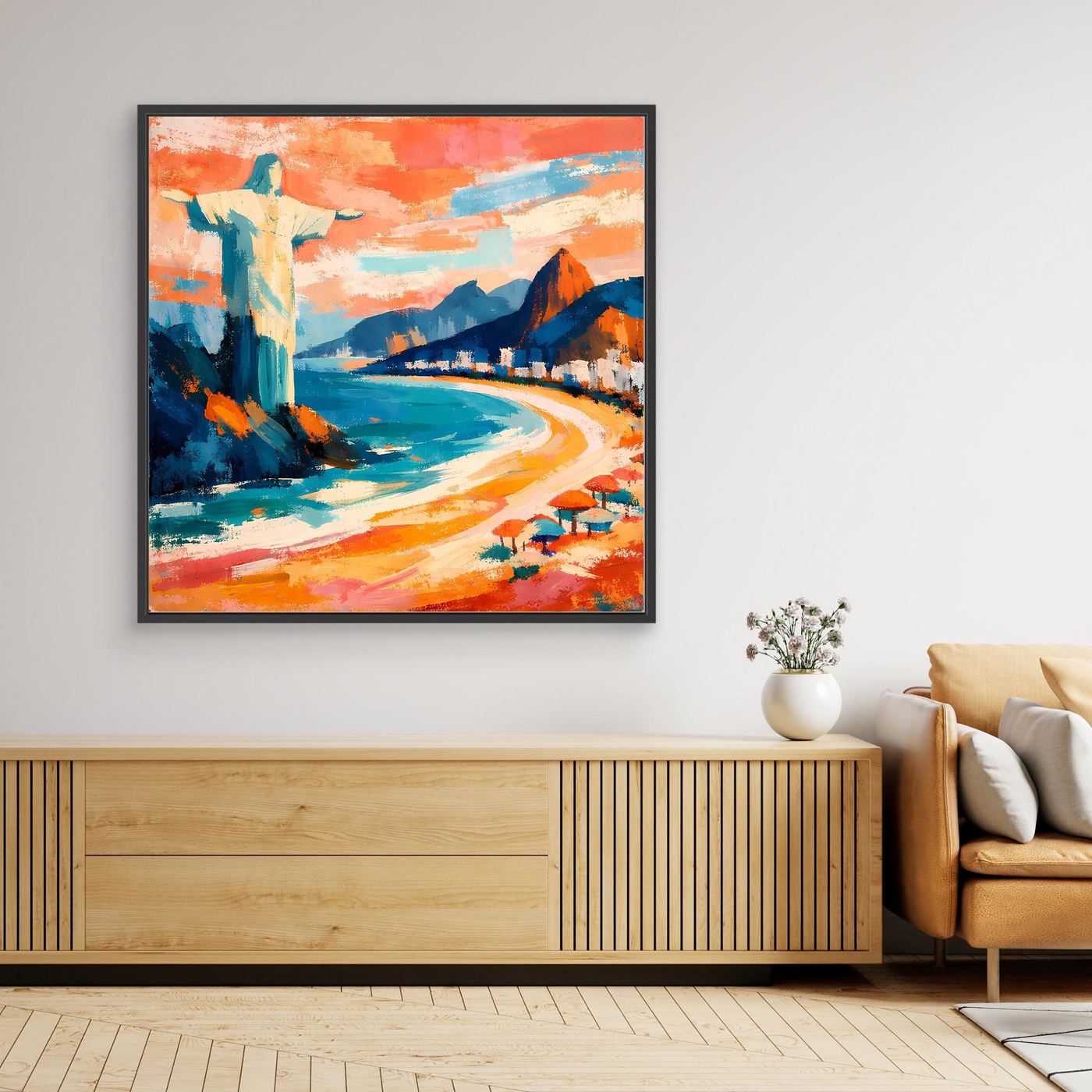 Abstraktes Leinwand-Wandbild mit Küstenweg, Meerfarben & Christusstatue, schwarzer Rahmen
