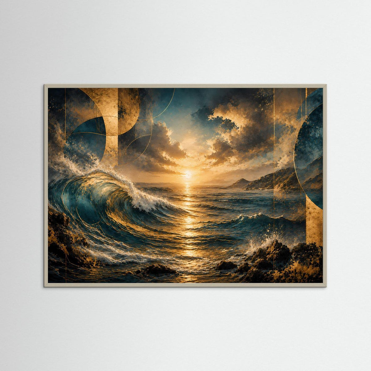 Abstraktes Meerposter im Querformat mit blauen Wellen, goldener Sonne im grauen Holzrahmen