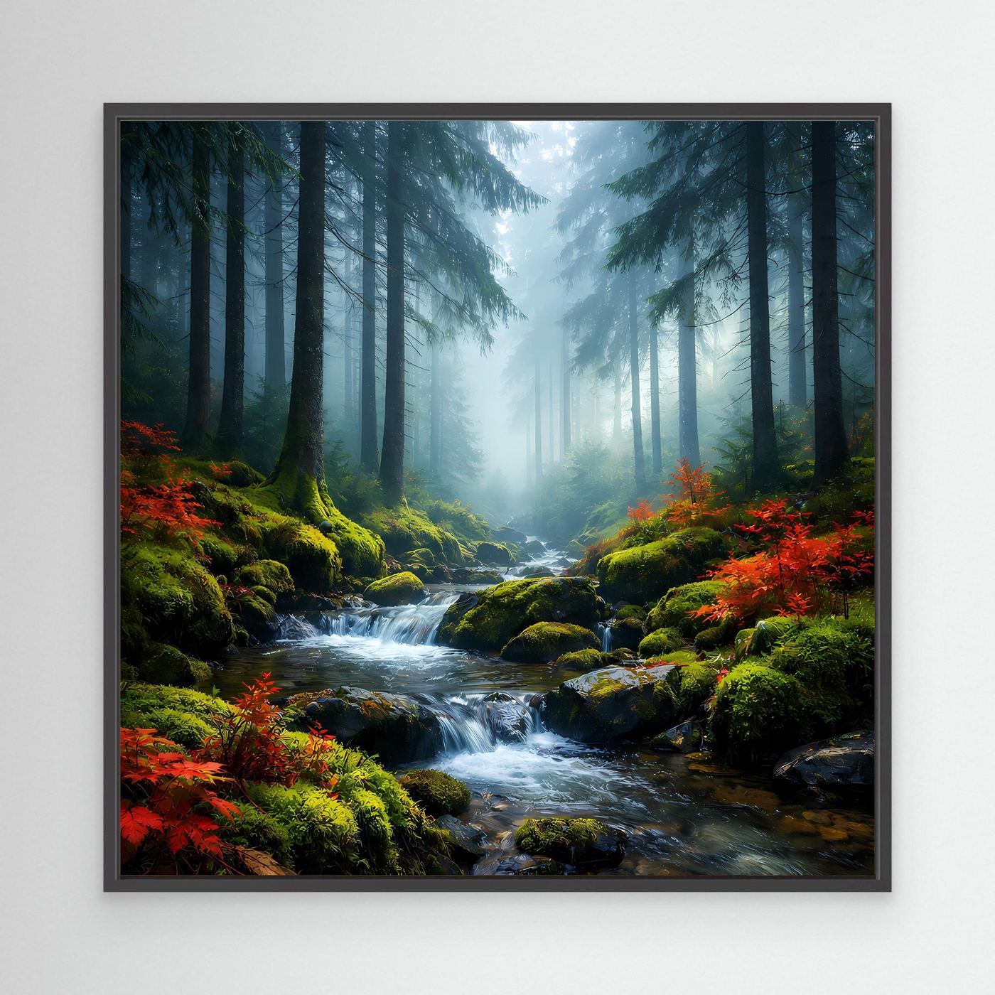 Wandbild im schwarzen Rahmen: nebliger Wald mit Bachlauf und roten Farbtupfern