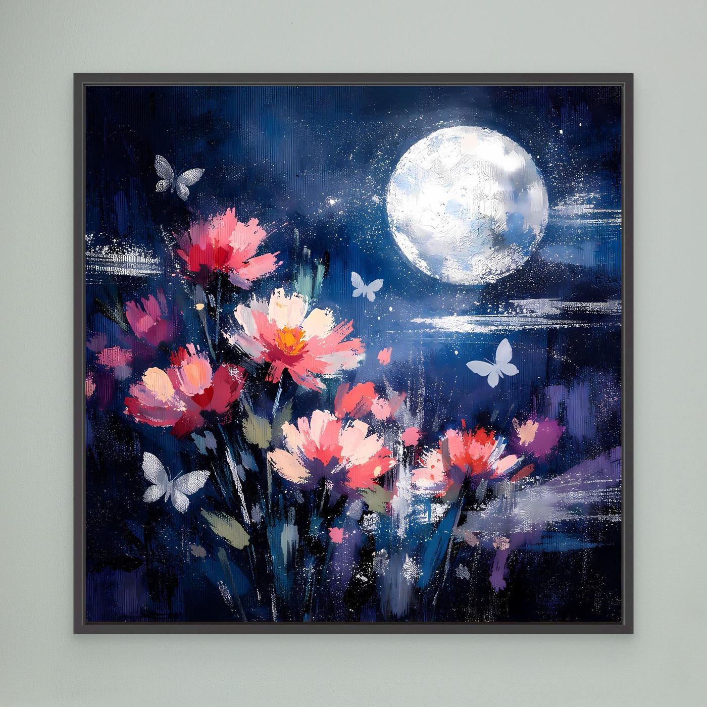 Leinwand-Wandbild mit abstrakten pinken Blumen, Schmetterlingen und hellem Mond, schwarz gerahmt