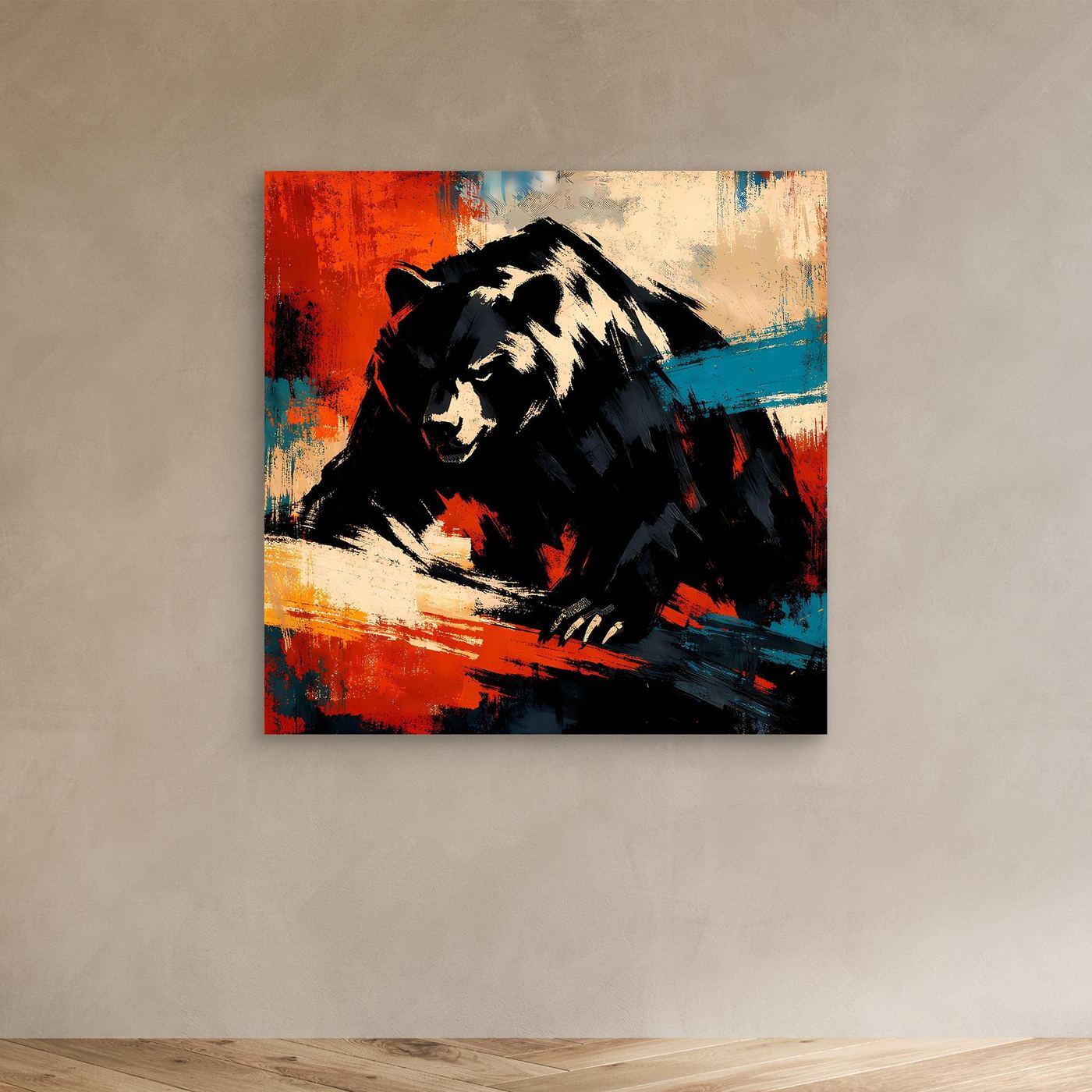 Leinwand-Wandbild mit Grizzlybär ohne Rahmen, abstrakt in Rot, Blau und Schwarz