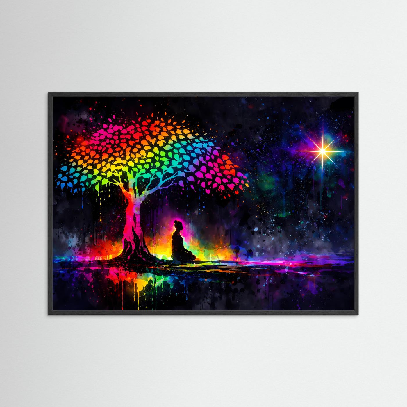 Gerahmtes Poster im Querformat mit buntem Baum, meditierender Silhouette und Lichtstern