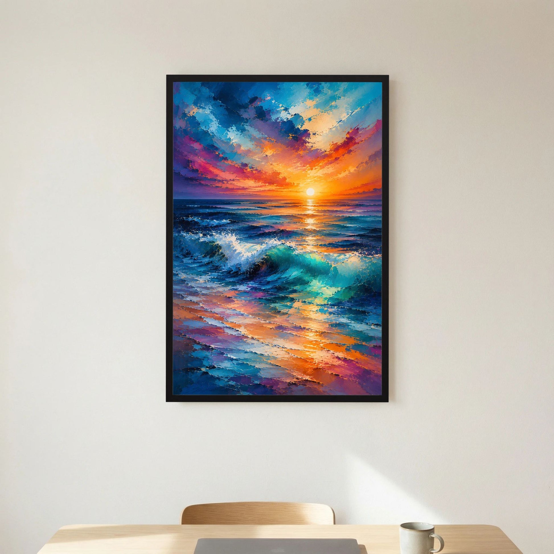 Hochformat-Poster Sonnenuntergang am Meer, leuchtende Farben, blaue Wellen, schwarzer Rahmen