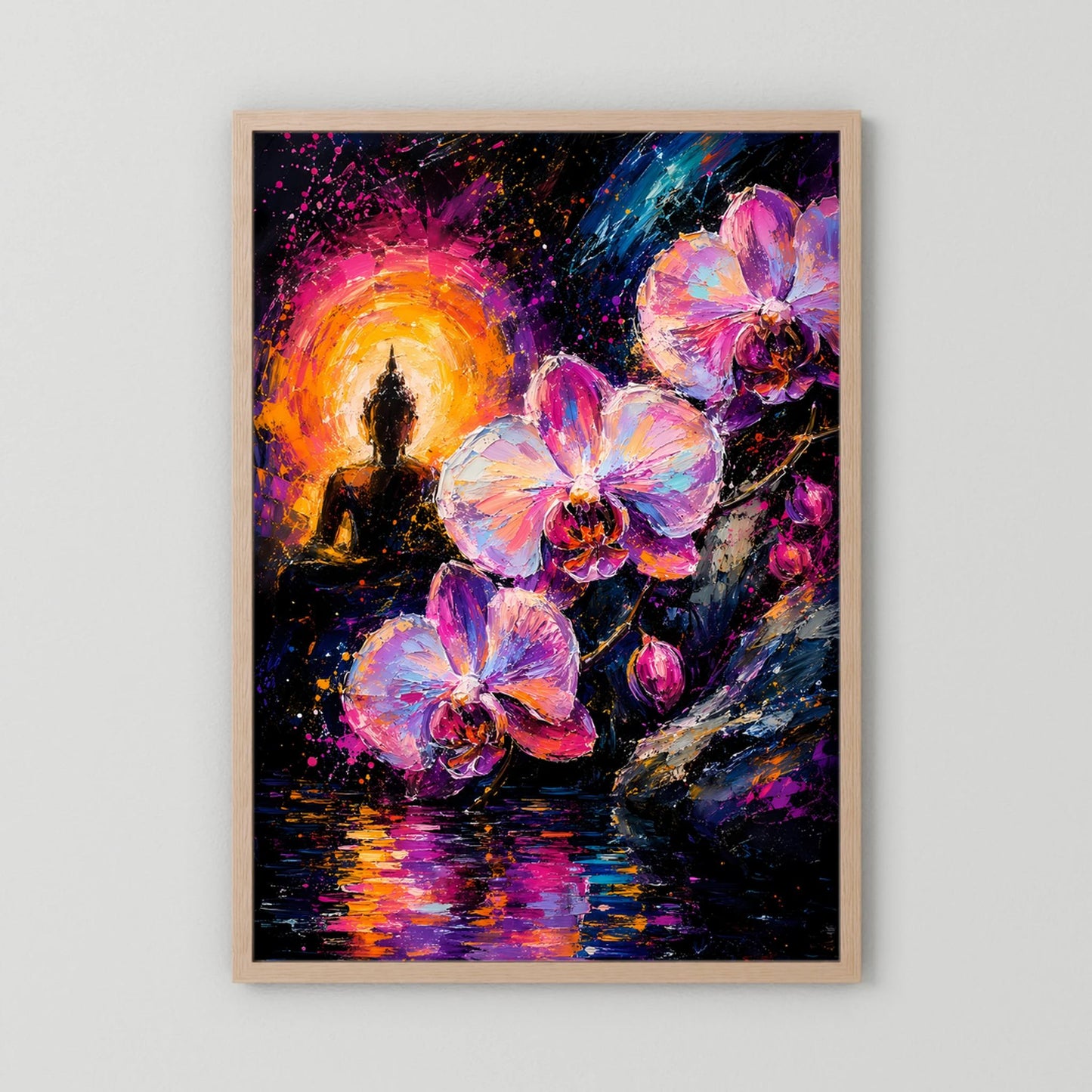 Poster mit Buddha-Silhouette und pinken Orchideen, im hellen Holzrahmen