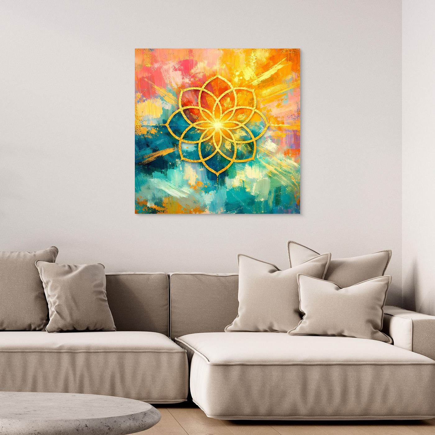 Leinwandbild Blume des Lebens mit Mandala, goldene Linien in bunten Farben, rechteckig.