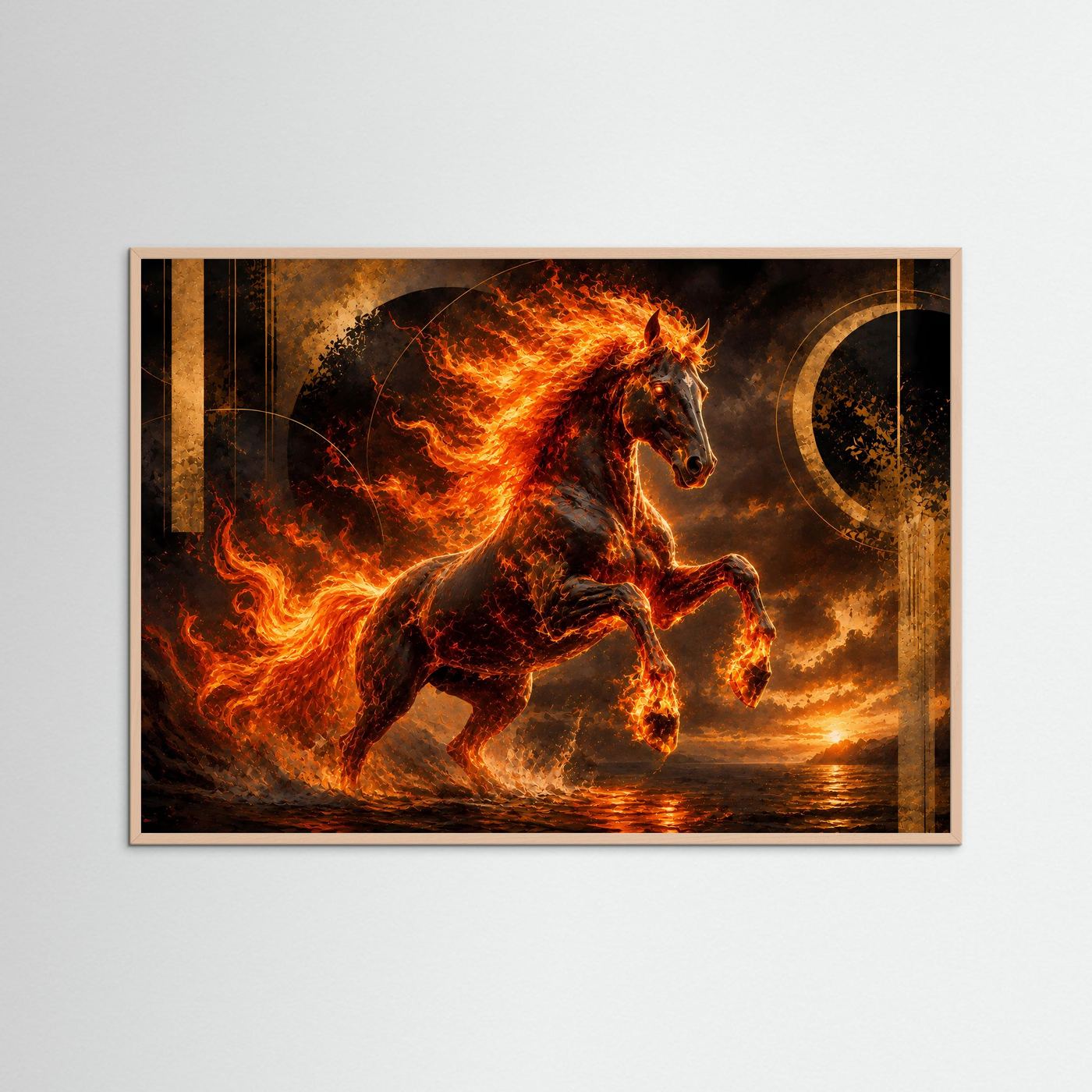 Gerahmtes Poster im Querformat: Flammenpferd mit Details in Schwarz, Gold und Orange.