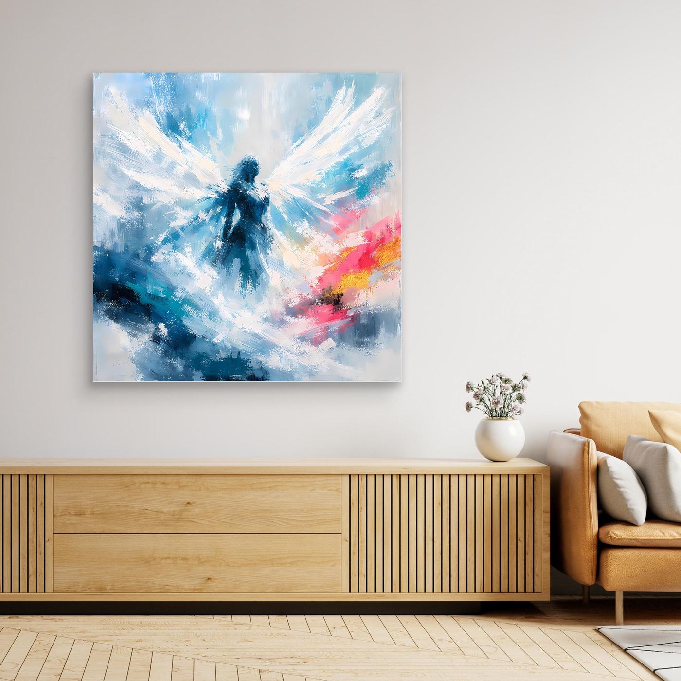 Leinwand Abstrakter Engel in Blau und Weiß | Modernes Wandbild auf echter Leinwand