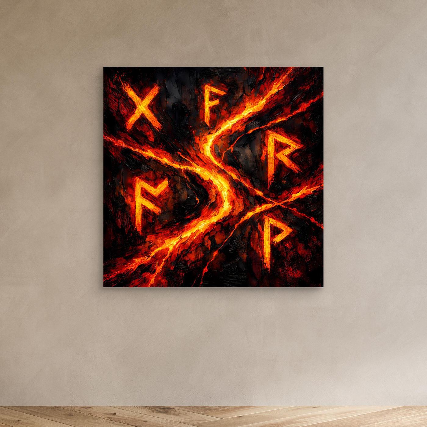 Wandbild mit mystischen Runen, ohne Rahmen; schwarzer Hintergrund mit leuchtenden Rot-Orange Flammen