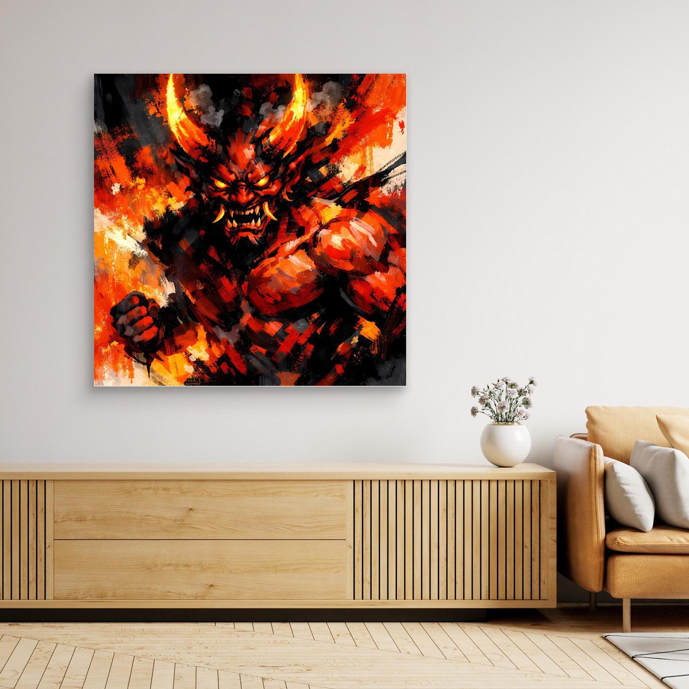 Leinwand Feuriger Dämon | Expressionistisches Fantasy Oni Wandbild
