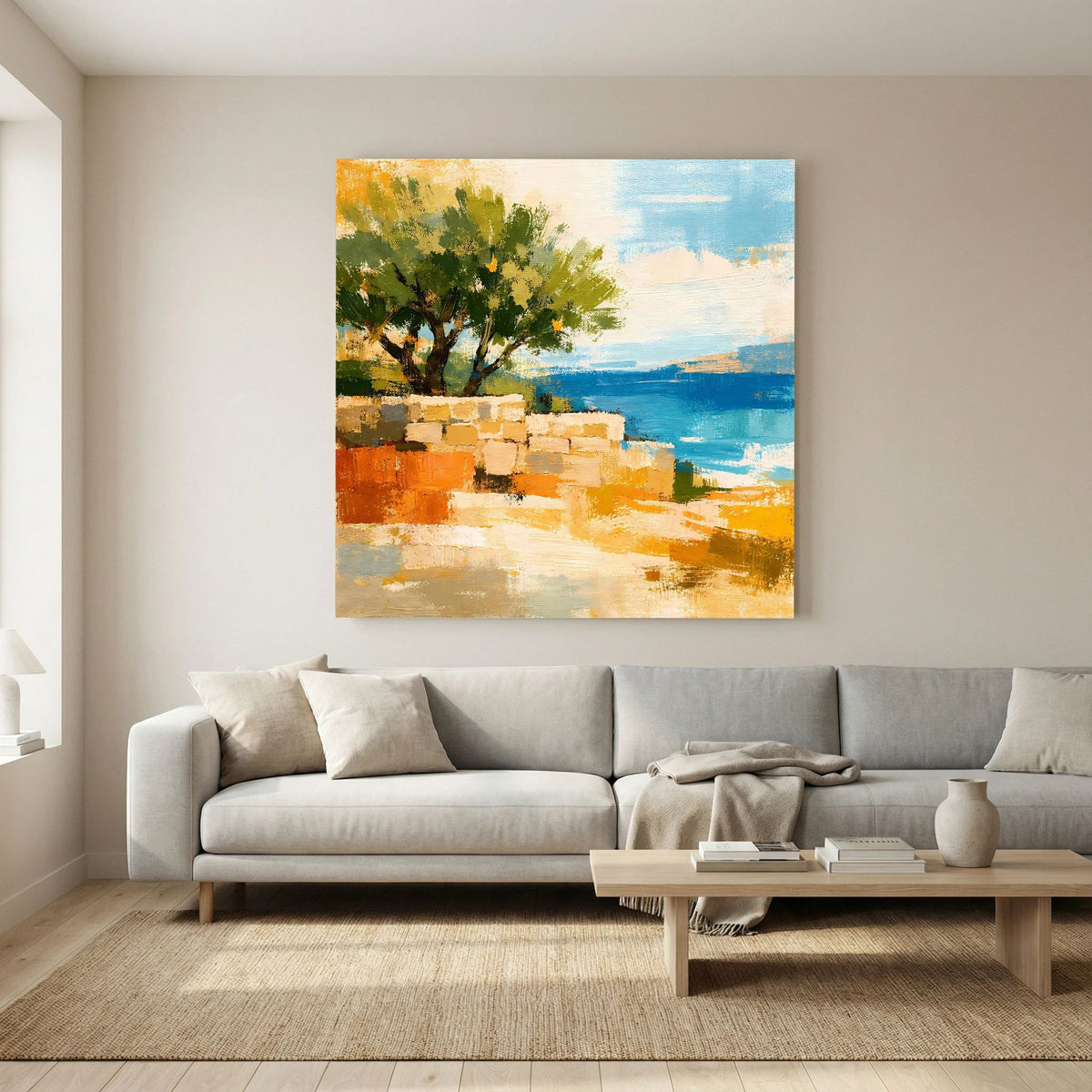Quadratisches Leinwandbild mit Olivenbaum und Küstenlandschaft in Blau und Orange