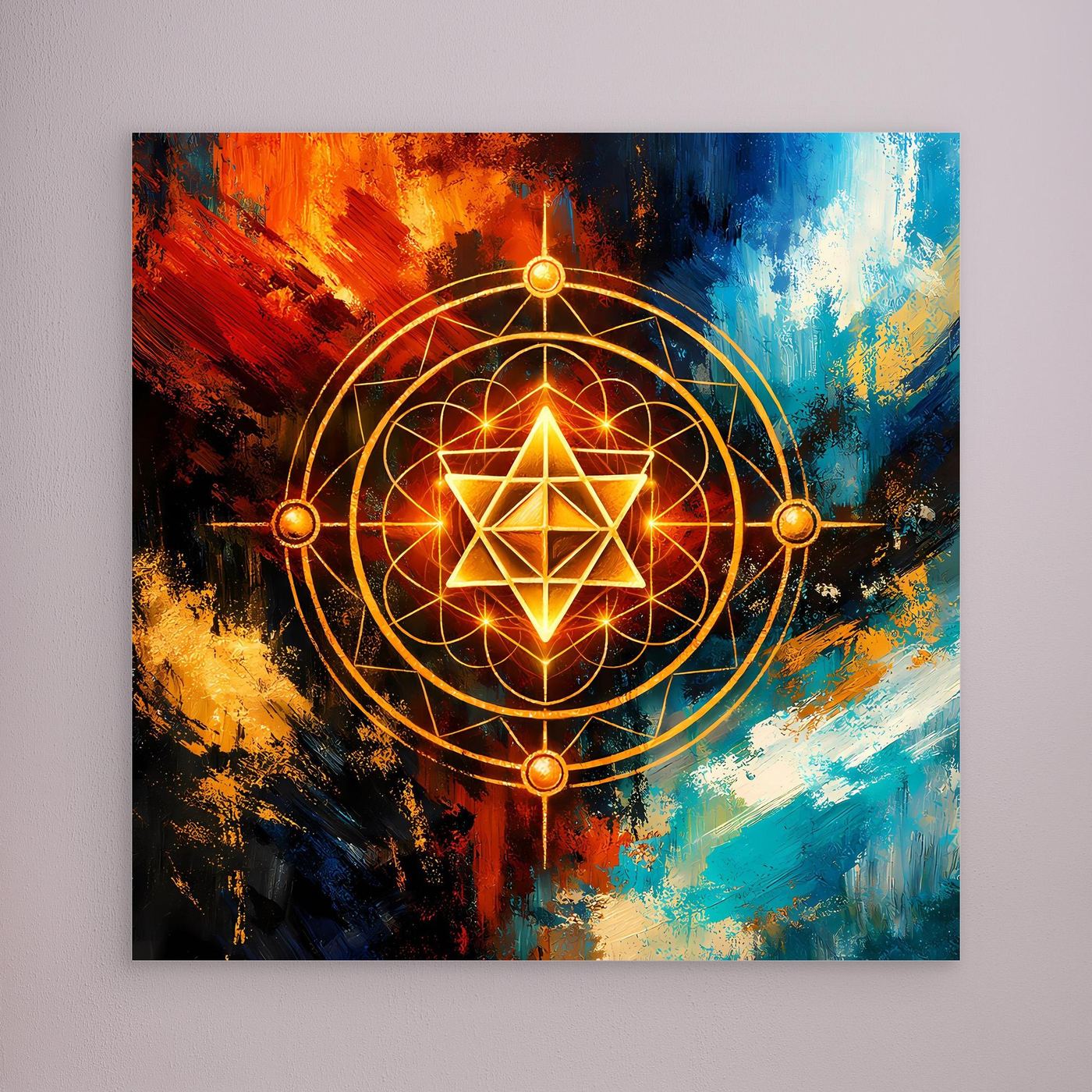 Leinwandbild mit goldener Merkaba-Geometrie im abstrakten Farbverlauf, hell gerahmt