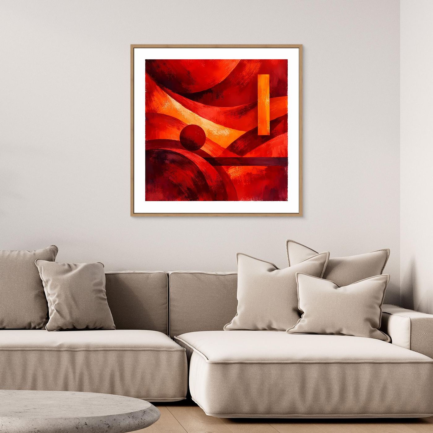 Leinwandbild mit abstrakten roten, orangefarbenen und schwarzen Geometrien, Eichenrahmen
