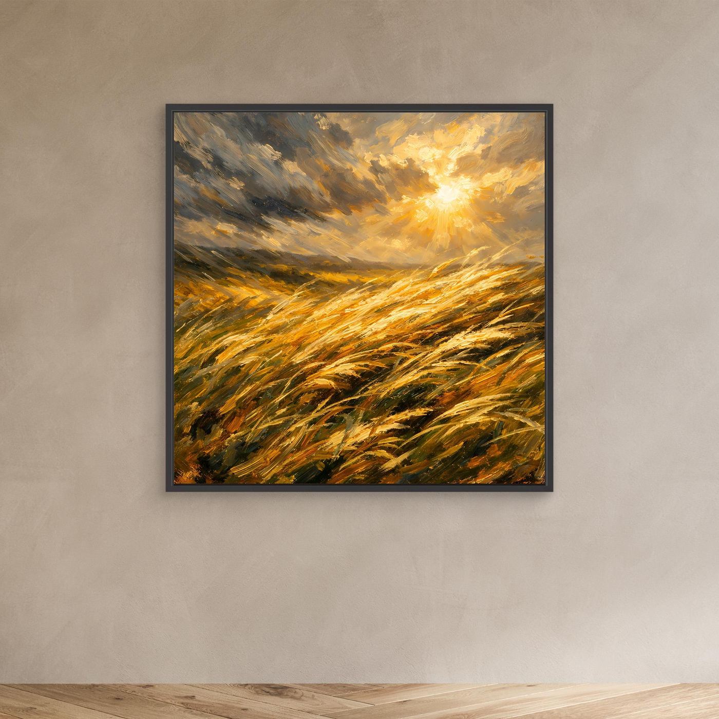 Leinwandbild goldenes Getreidefeld mit Sonnenlicht, dunkler Rahmen
