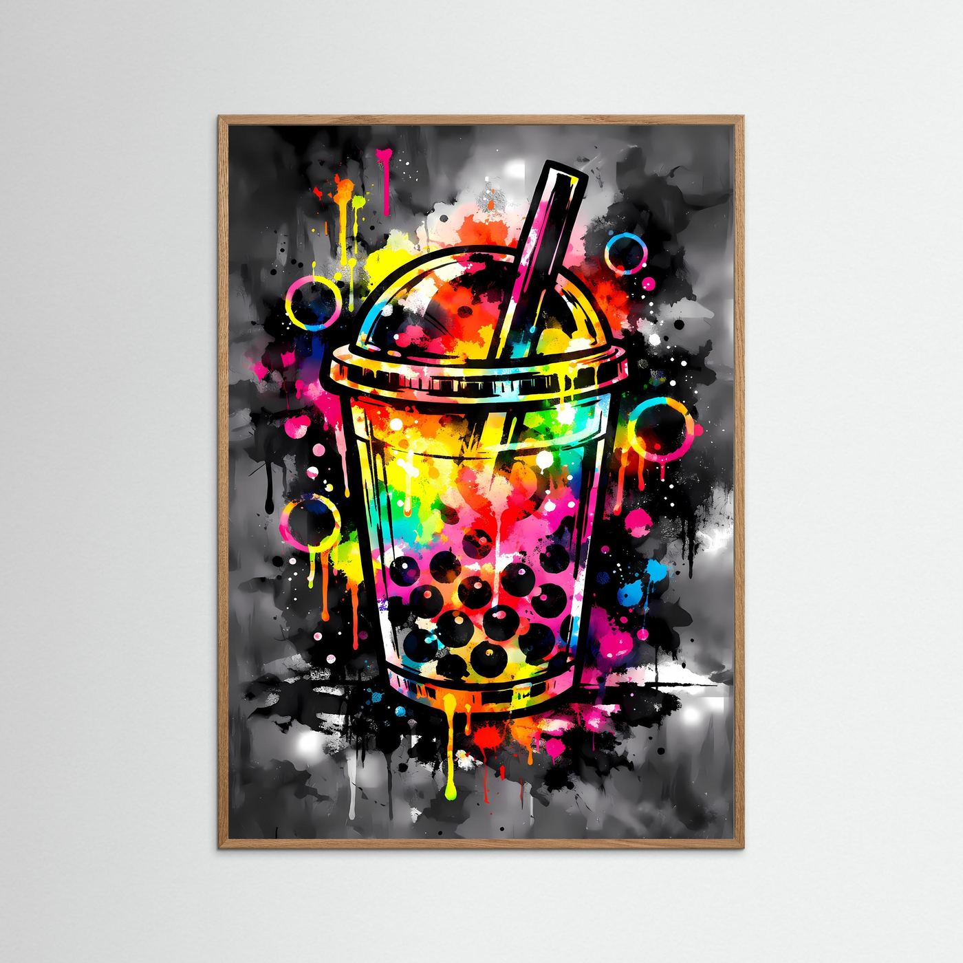 Die Kunst des Trends | Neon Bubble Tea Poster in Regenbogenfarben & Schwarz | Abstraktes Pop-Art Kunstposter Hochformat