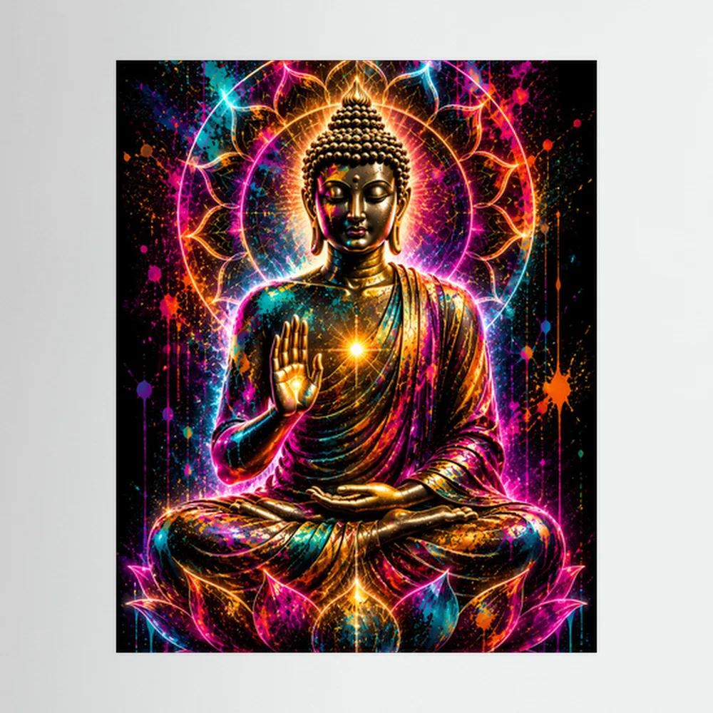 Neon-Buddha-Poster im Hochformat: goldener Buddha im Lotussitz mit leuchtenden Kreisen