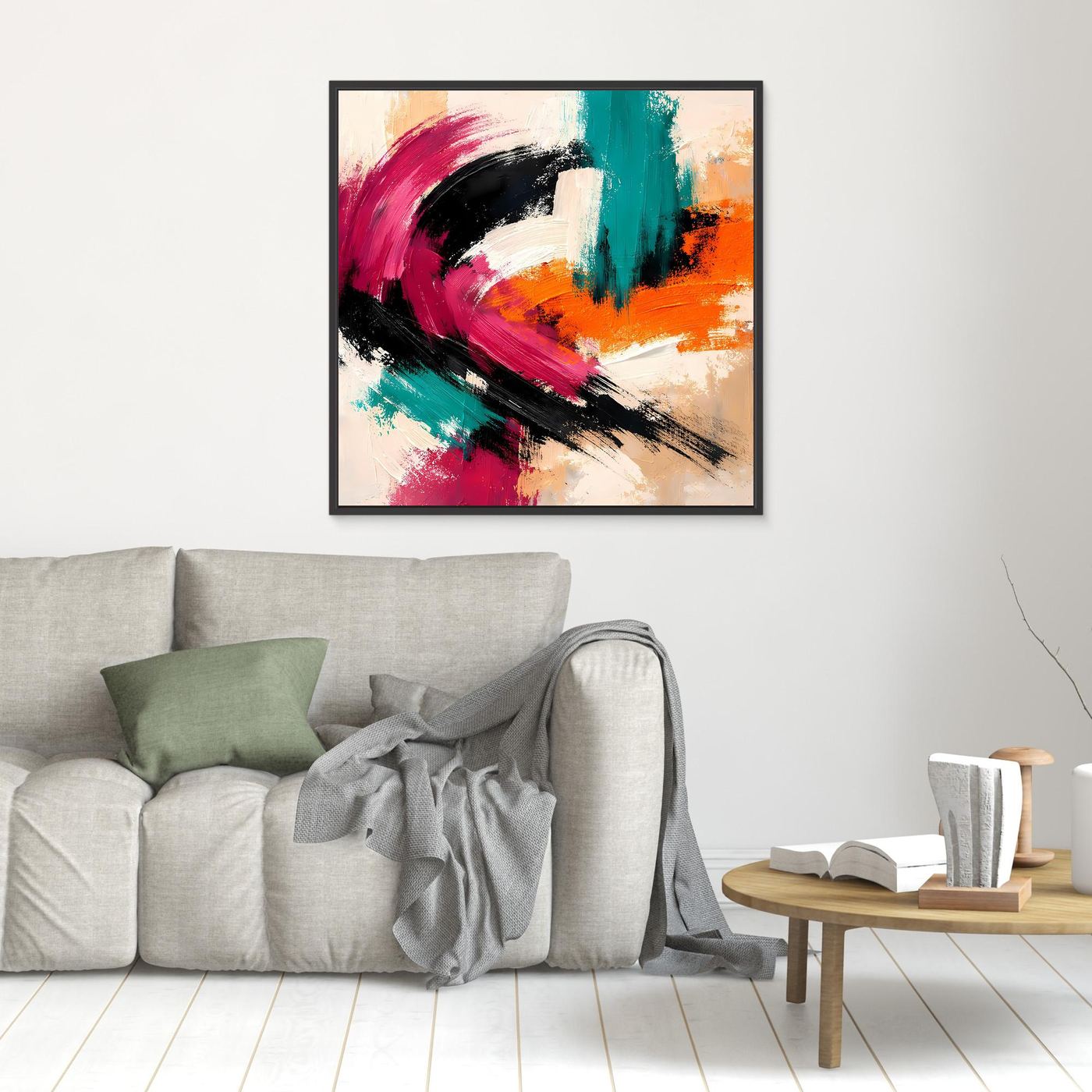 Wandbild mit abstrakten Pinselstrichen in Pink, Türkis und Orange, schwarzer Rahmen