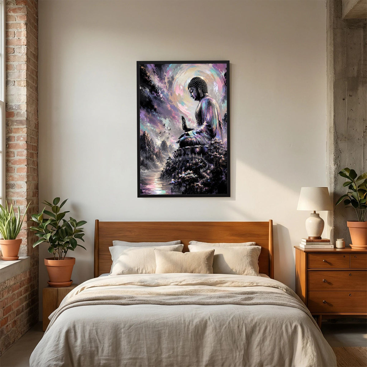 Kunstposter mit meditierendem Buddha in Pastellfarben, schwarzer Rahmen