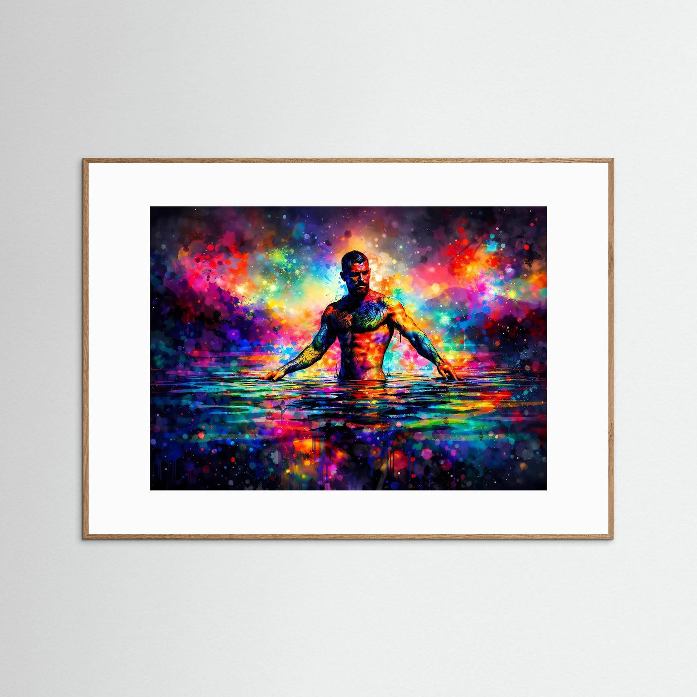 Querformat-Poster: Person im Wasser, abstraktes Farbkunstmotiv mit leuchtenden Farben; hellbrauner Rahmen