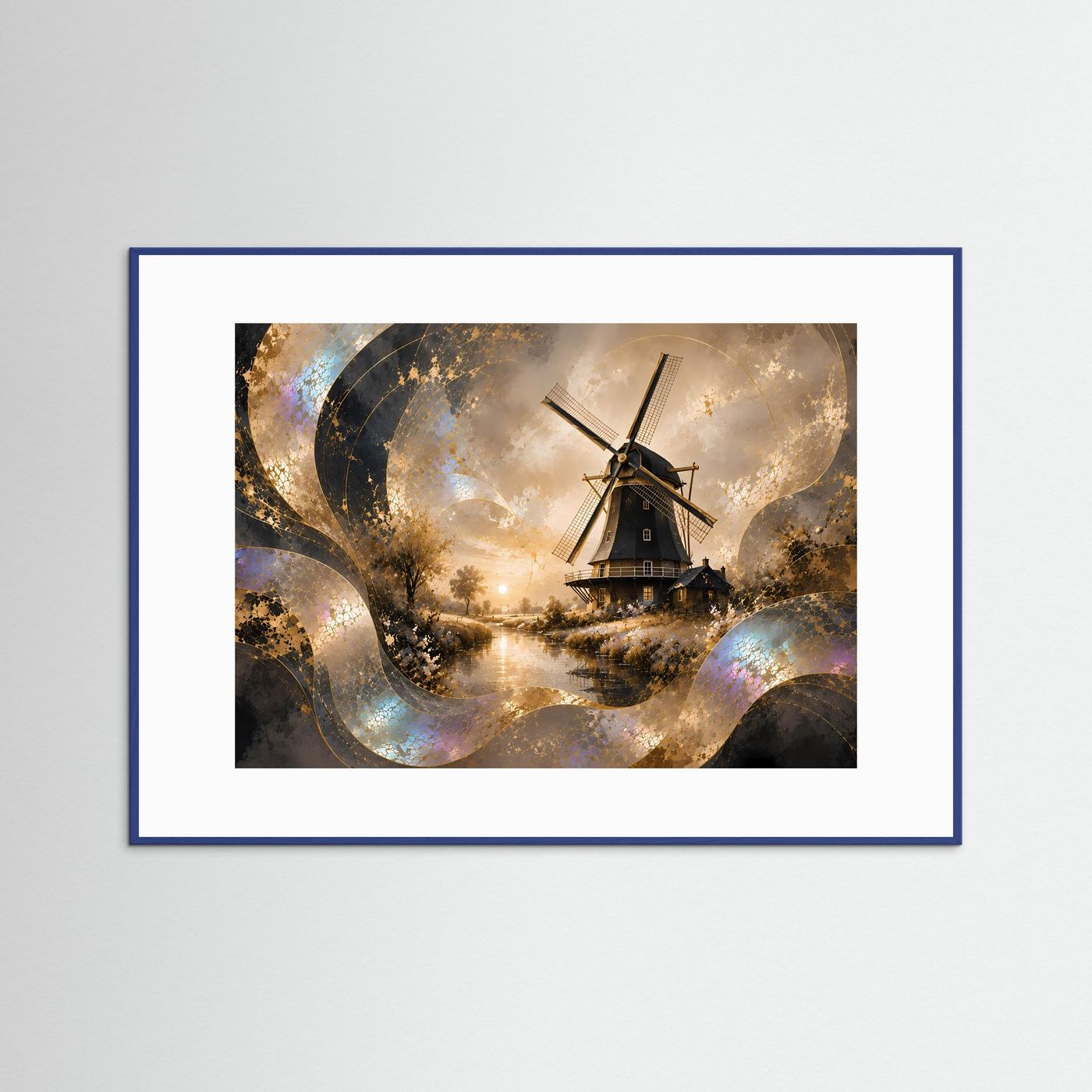 Poster mit Windmühle, blau gerahmt, abstrakte Gold-Perlmutt-Landschaft