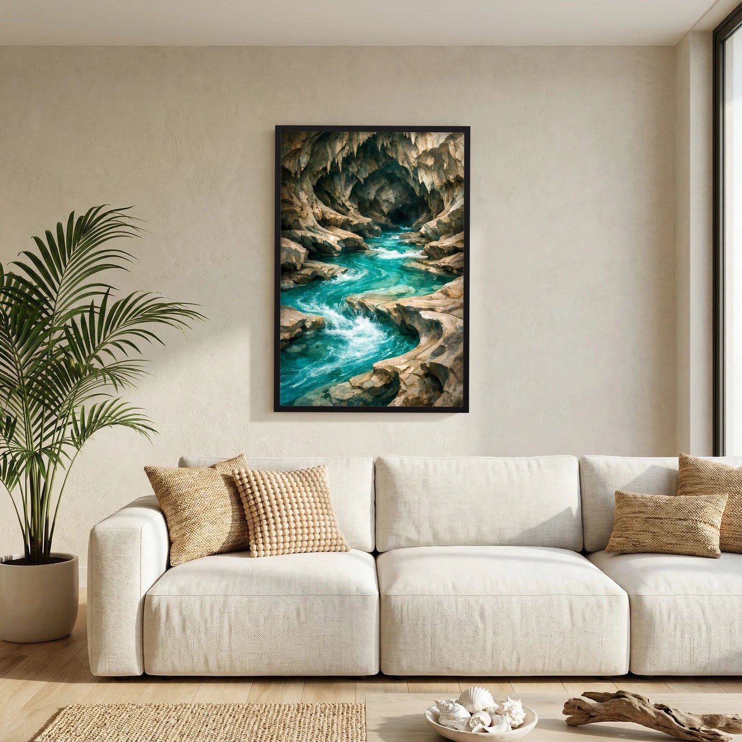 Kunstposter im Hochformat in schwarzem Rahmen: Felsenhöhle mit türkisfarbenem Wasser